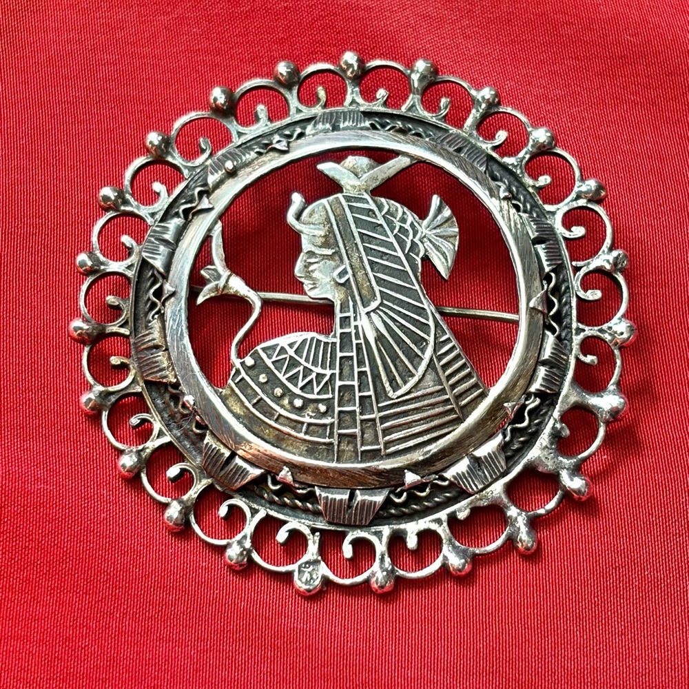 Vintage Silver Egyptian Revival Pin Brooch Pendant Filigree Nefertiti 2” 9g
